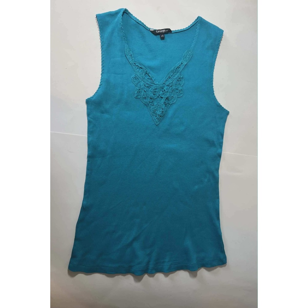 George Teal Blue Ribbedโ Tank Top Crochet Lace V-Neck Sleeveless L/G